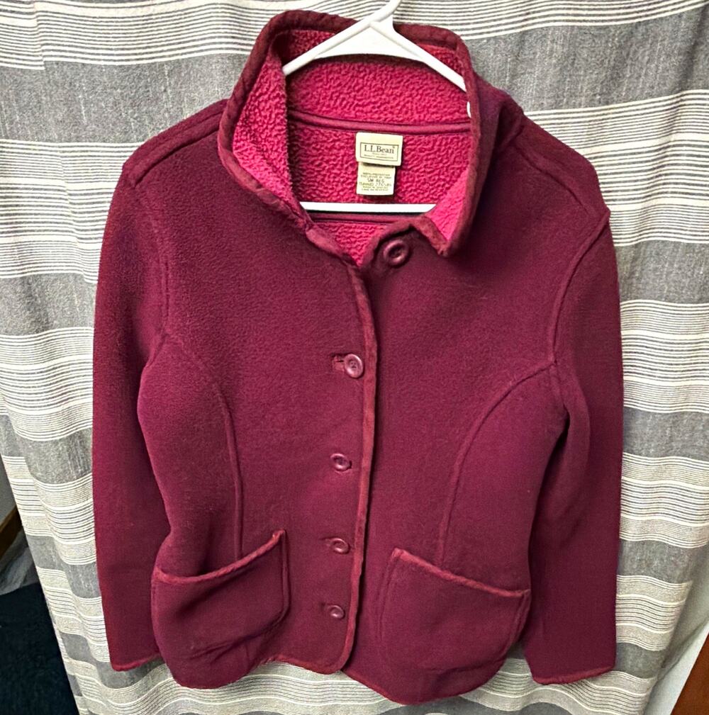 L.L.Bean Women's S Regular Burgundy Fleece Jacket Button Front Collared Pockets